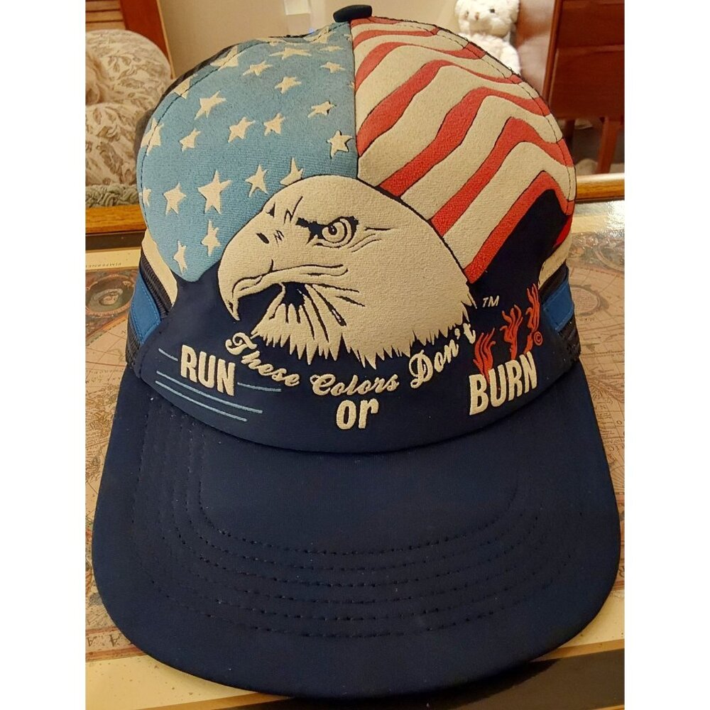 Vintage Patriotic Eagle Trucker Hat "Run Or Burn" Design Snapback, Red,White, Bl